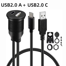Universal USB and Type - C Extension Cable - Male to Female, Waterproof Flush Mount for Dashboard Installation (USB2.0 A  USB2.0 C)