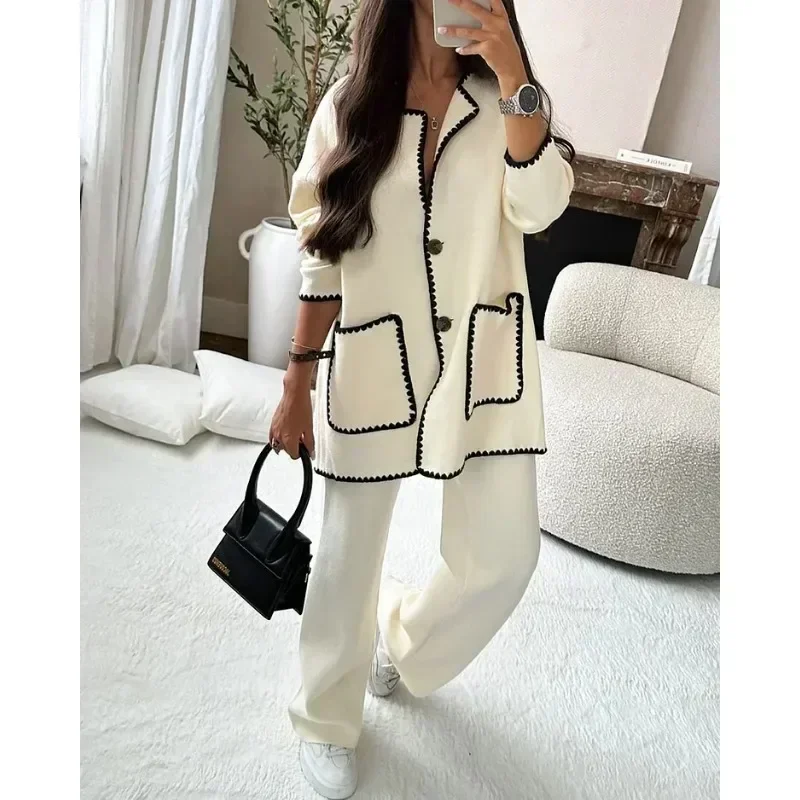 

Women Elegant Patchwork Knitting Coat Autumn Casual Loose Long Sleeve Wide Pants Suits Fashion Office Lady High Street Outerwear