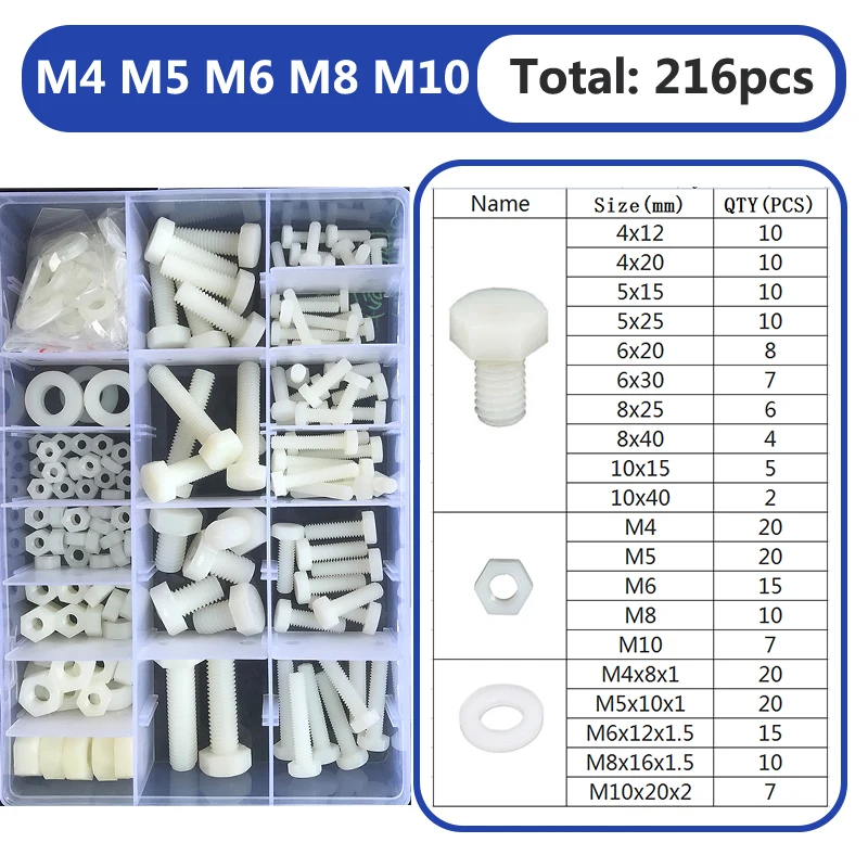 External Hex Bolt M4 M5 M6 M8 M10 White Nylon Hexagonal Head Screw Nut Washer Threaded Hex Head Screw Plastic Insulated