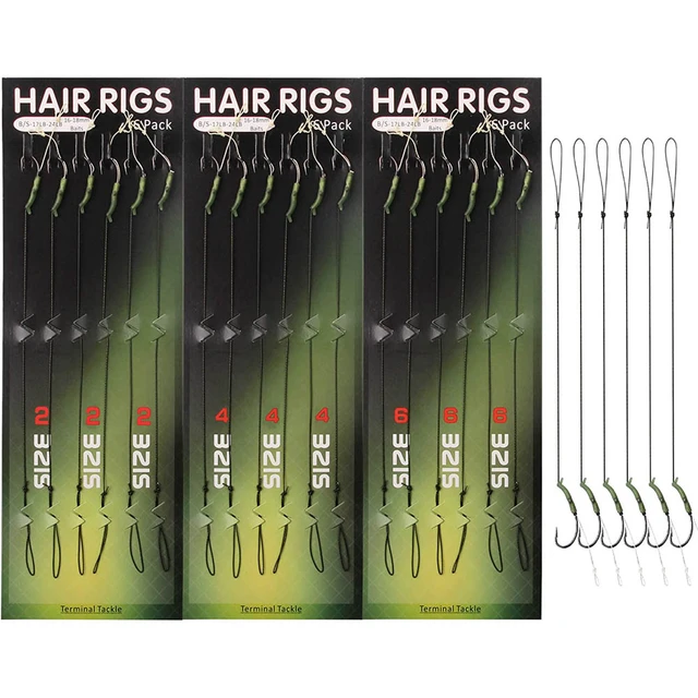 18pieces=3packs/lot Carp Hair Rigs Green Coated Line Curve Shank Carp  Fishing hooks Leader Rigs