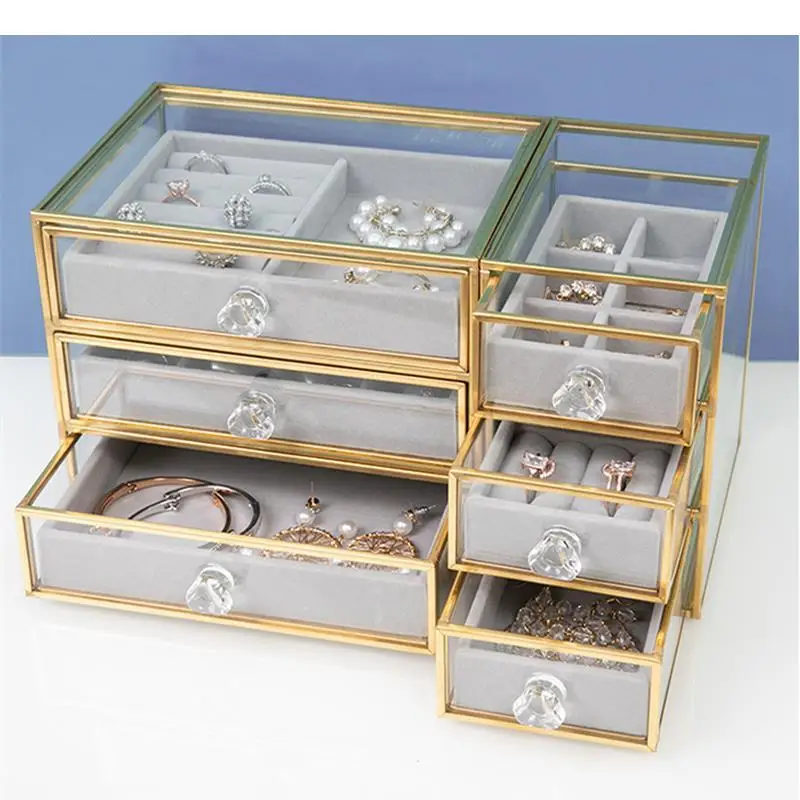 

Glass Jewelry Box Desktop Drawer Storage Box Earring Necklace Ring Tray Jewelry Organizer Jewelrys Tray Decorative Display Boxes