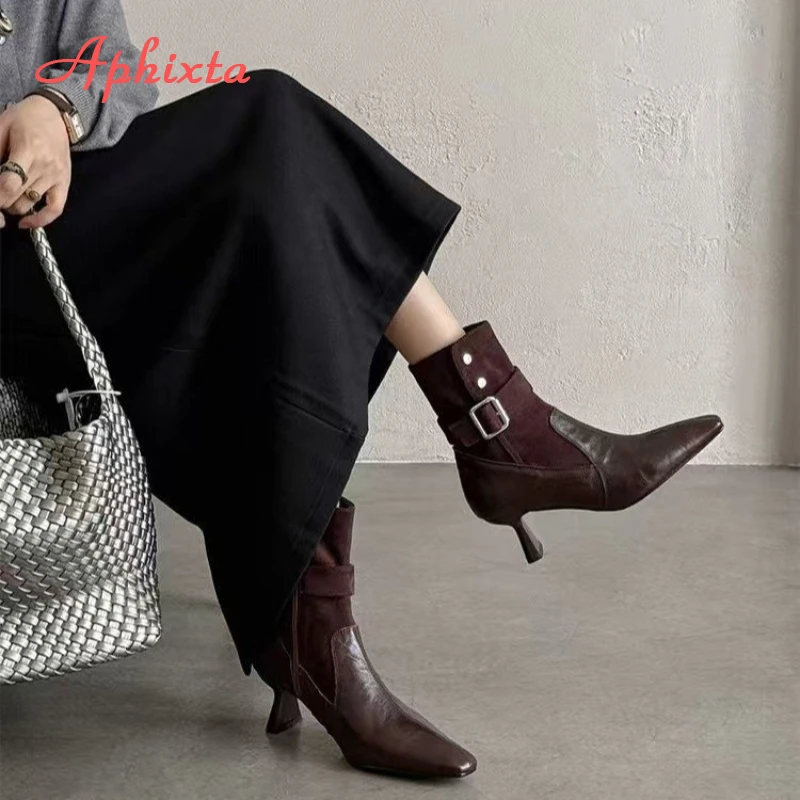 Aphixta High Heels Women Ankle Boots Elegant Metal Decoration Woman Modern Boot Side Zipper Sexy Soft Leather Women's High Boots