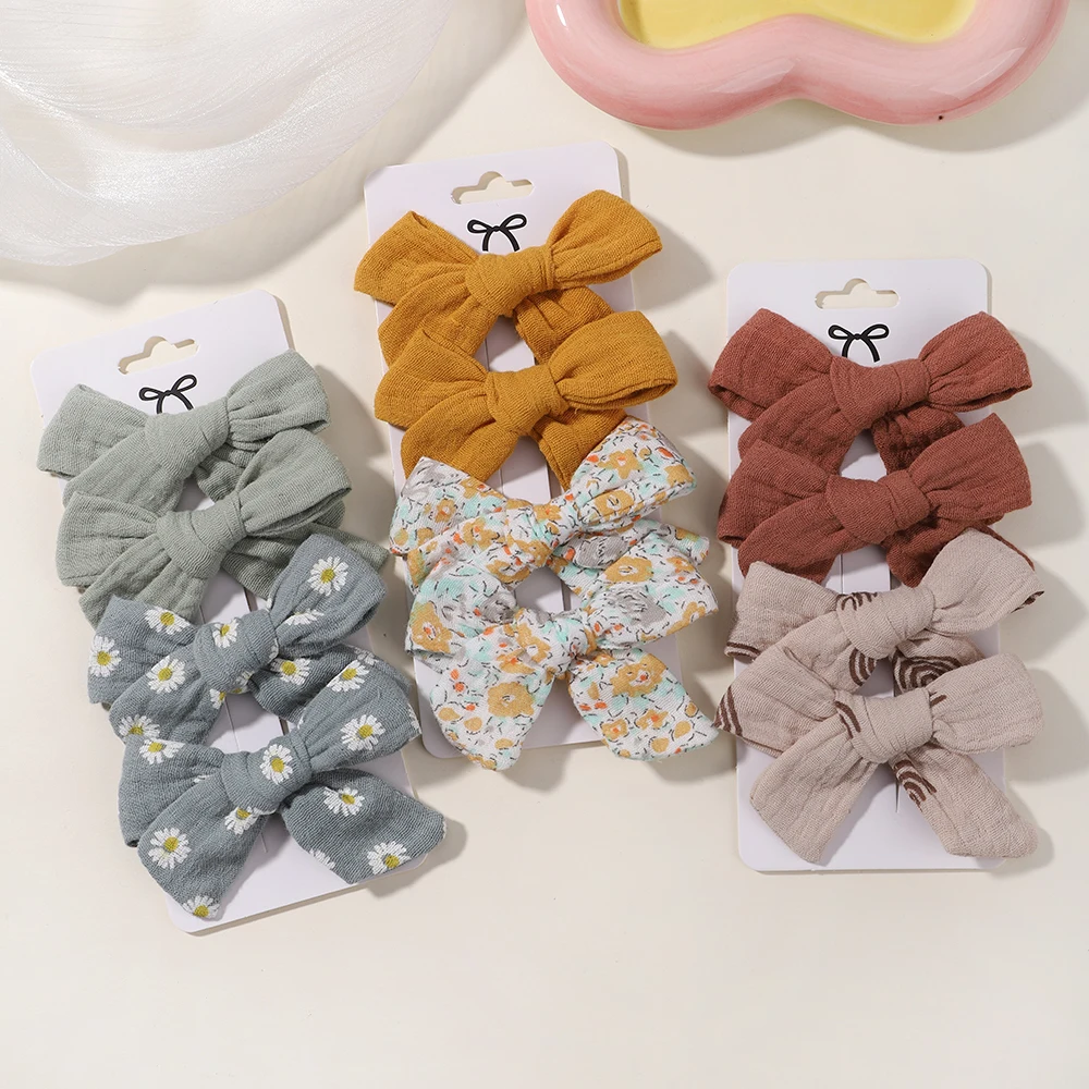 Muslin Baby Girls Bows Hair Clips Hairpins Hairclip 4PCS/Set For Kids Cotton Linen Barrette Flower Print Side Pin Accessories hair clips hair accessories