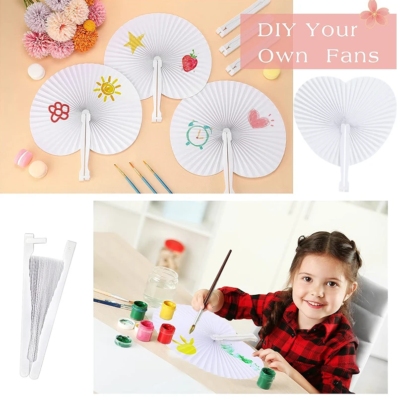 15/30/50cs Heart Shape Circular Folding Fan Blank Paper Hand Fans With Plastic Handles DIY Painting Birthday Wedding Party Decor