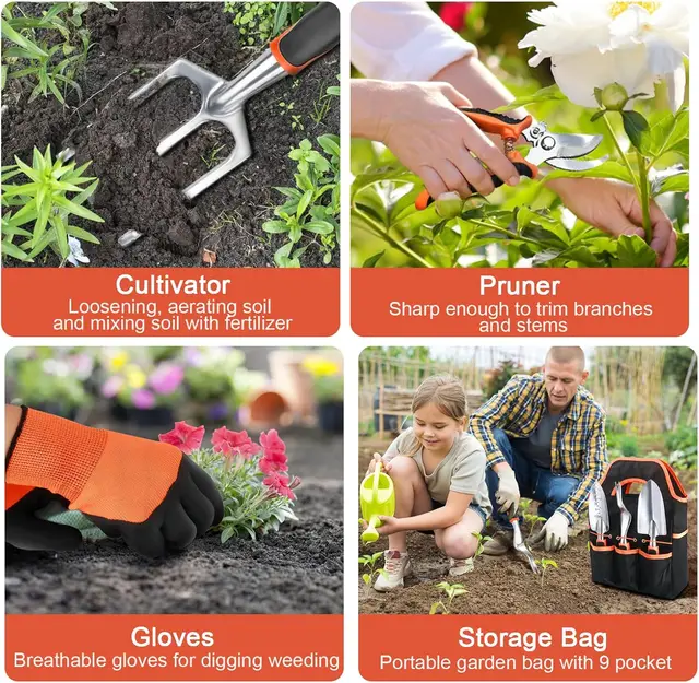8 Piece Garden Tools Set with Non Slip Ergonomic Handle, Heavy Duty Gardening Kit with Storage Bag for Women and Men, Orange