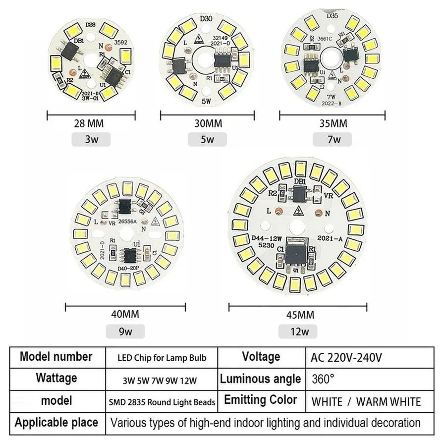 LED Lamp Beads 10 PCS AC 220V-240V 3W 5W 7W 9W 12W 15W No Need Driver SMD 2835 Cold Warm White Round for Bulb