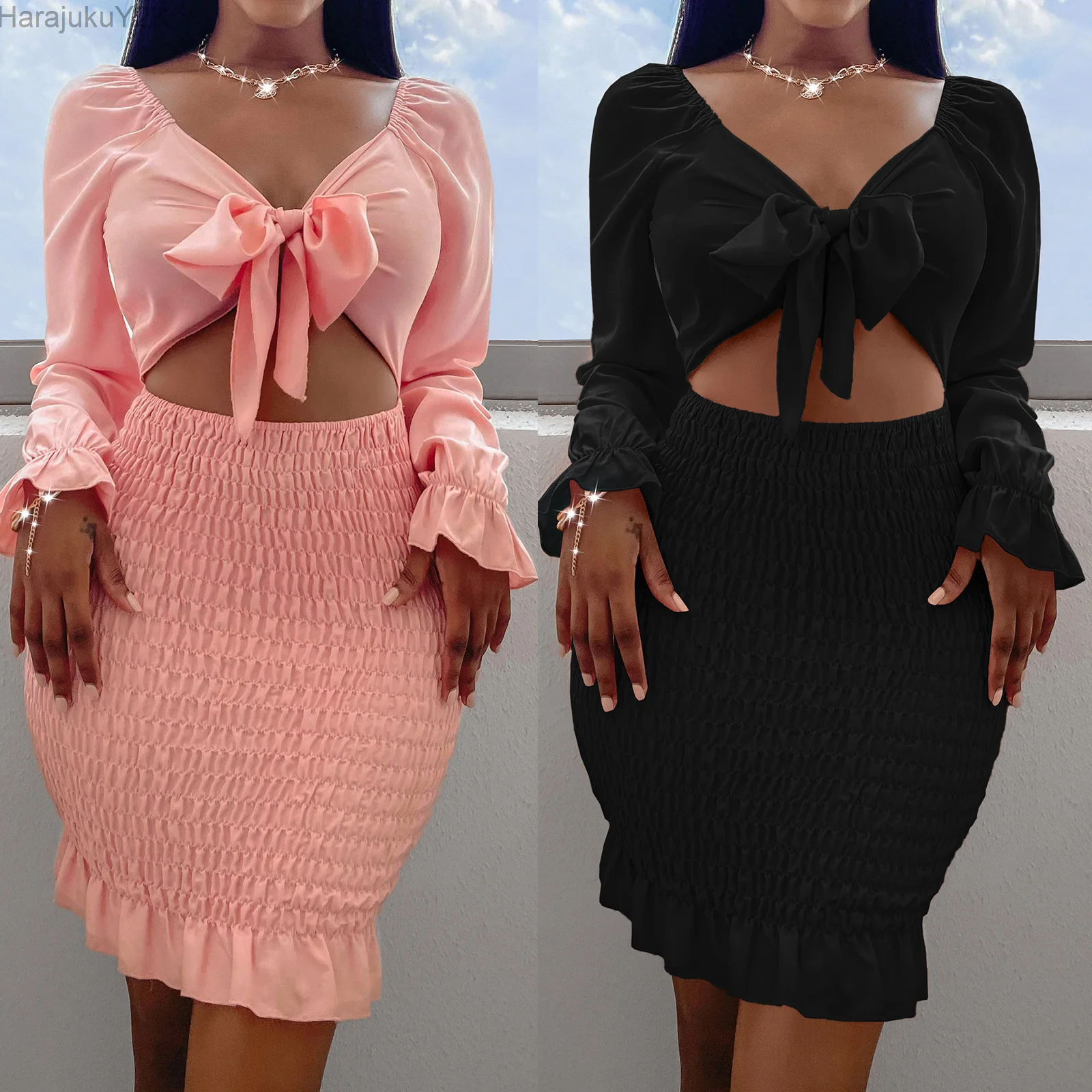 

New arrival 2022 Outfits Pencil Skirts Dress Sets Hollow Out Dress Sets Pink Clubwear Women Sexy Mini Skirts Tops