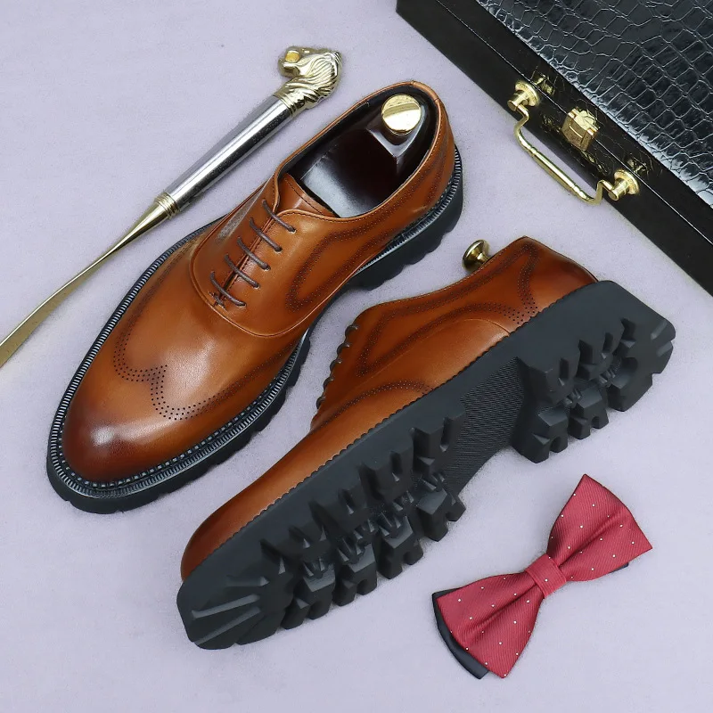 New Men's Casual Shoes British Top Layer Cowhide Business Formal Thick Sole Increased Leather Derby Shoes Leather Shoes for Men 4