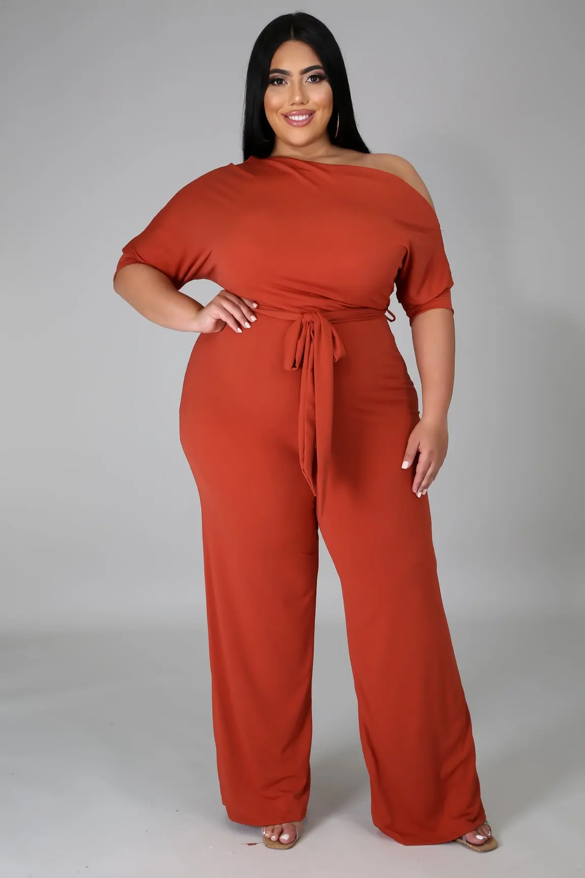 Plus Size Women Jumpsuit Solid One Shoulder One Piece Outfit Lady Casual Wide Leg Pants 2022 Summer Female Belt Wholeale Clothes