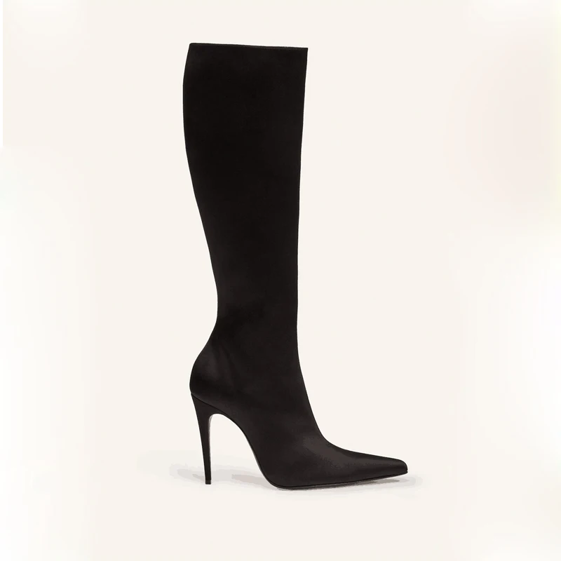 

Black Solid Silk Boots Side Zipper Thin Heel Long Boots High Heel Shoes for Women Runway High Heels 2023 New Zapatillas Mujer