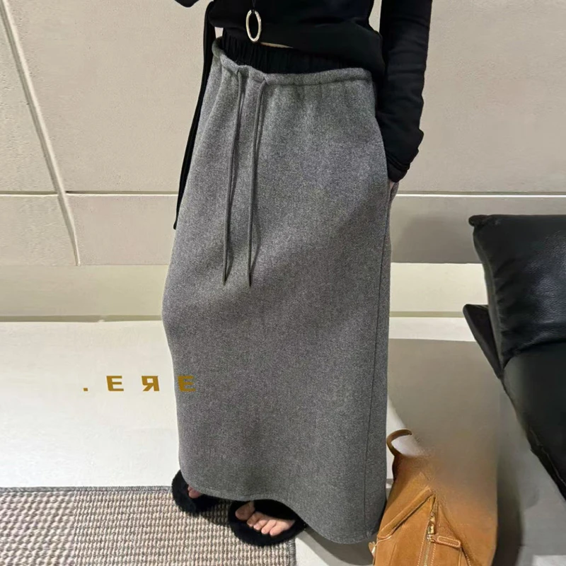 Korean Style Pregnant Woman Drawstring Waist Long Step Skirt with Pockets Back Split Long Loose Casual Maternity Cashmere Skirts