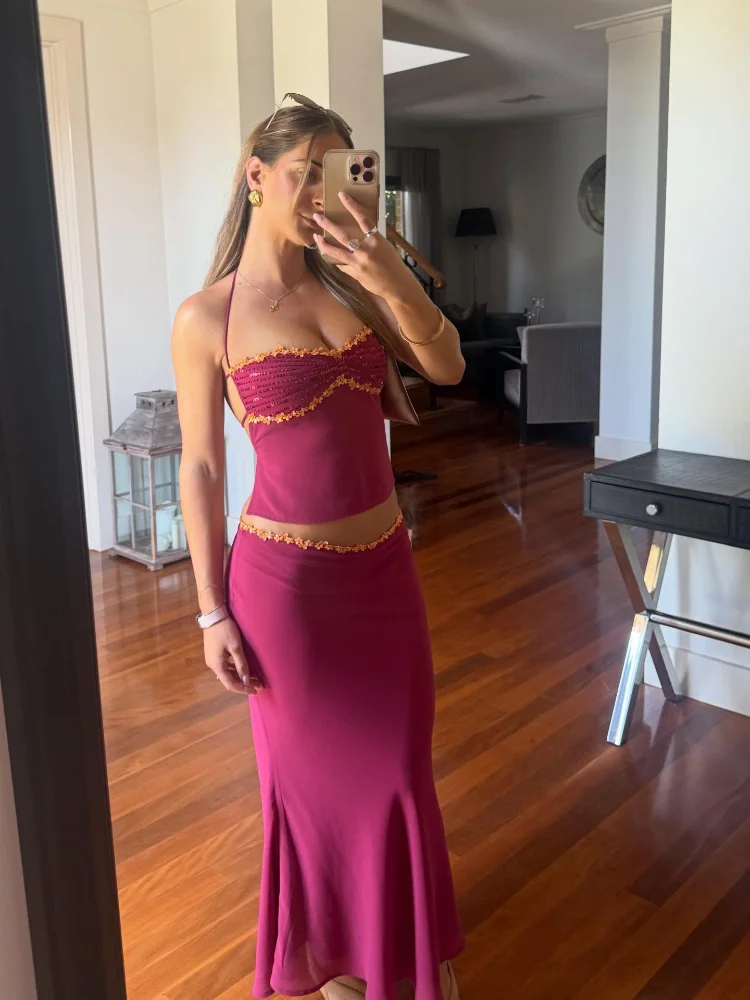 Women's Vintage Y2k 2 Piece Set Sequin Lace Trim Halter Crop Top Mermaid Maxi Skirt Lady Summer Sexy Bodycon Club Party Outfit 6