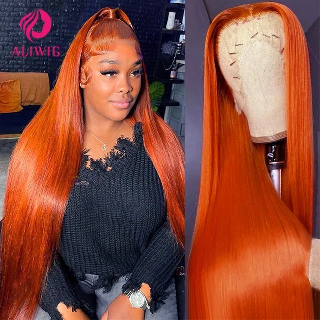Perruques Lace Front 13x4 et 13x6 en cheveux humains colorés, lisses, avec dentelle HD transparente, pré-épilées, pour femmes, couleur gingembre orange 1