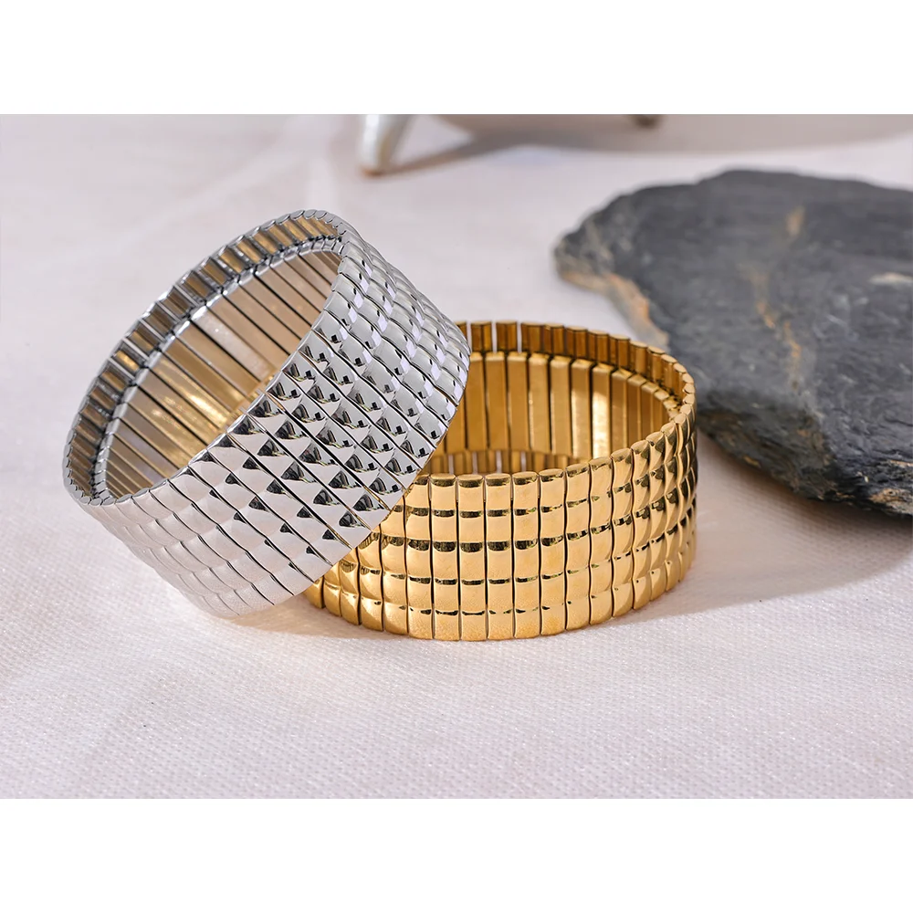 Yhpup 30mm 트렌디 한 스테인레스 스틸 탄성 금속 와이드 팔찌 팔찌 골드 실버 색상 18K PVD 도금 고품질 보석