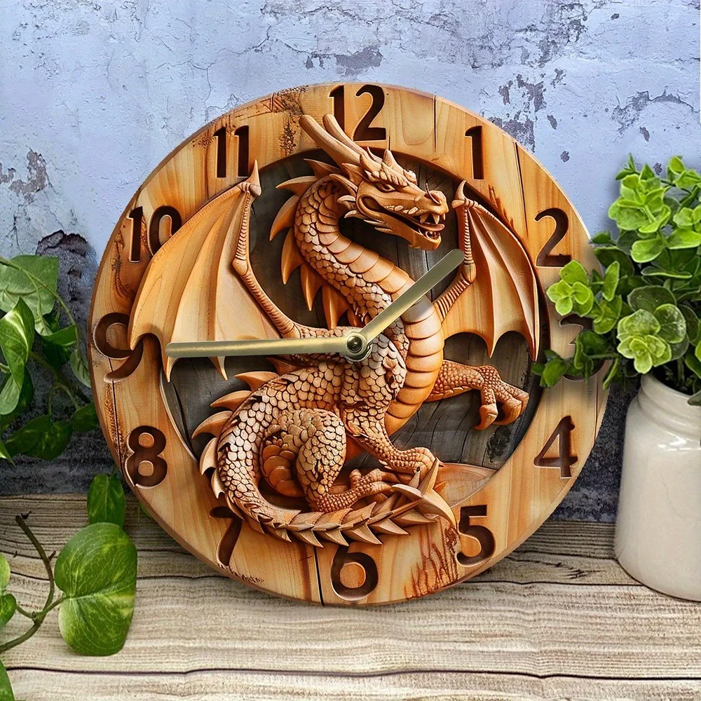 Wooden wall clock with a dragon carving, perfect for home or office decor. Requires AA batteries 5