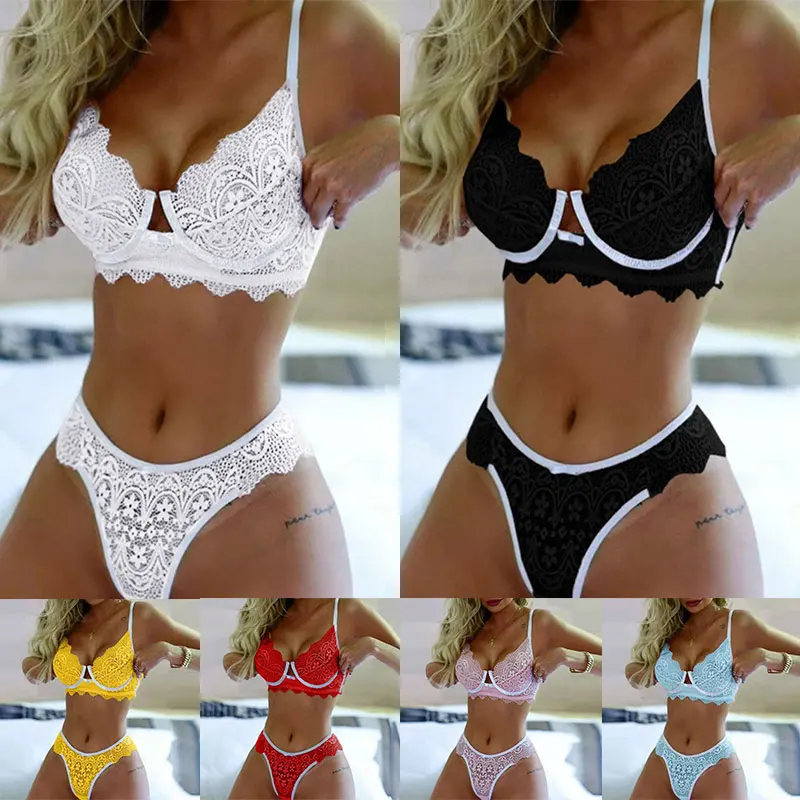 

Sexy Women Bra Set Lace Lingerie Nightwear Thong Female Lace-up Erotic Bra Panties Costumes Charming Patchwork Underwear