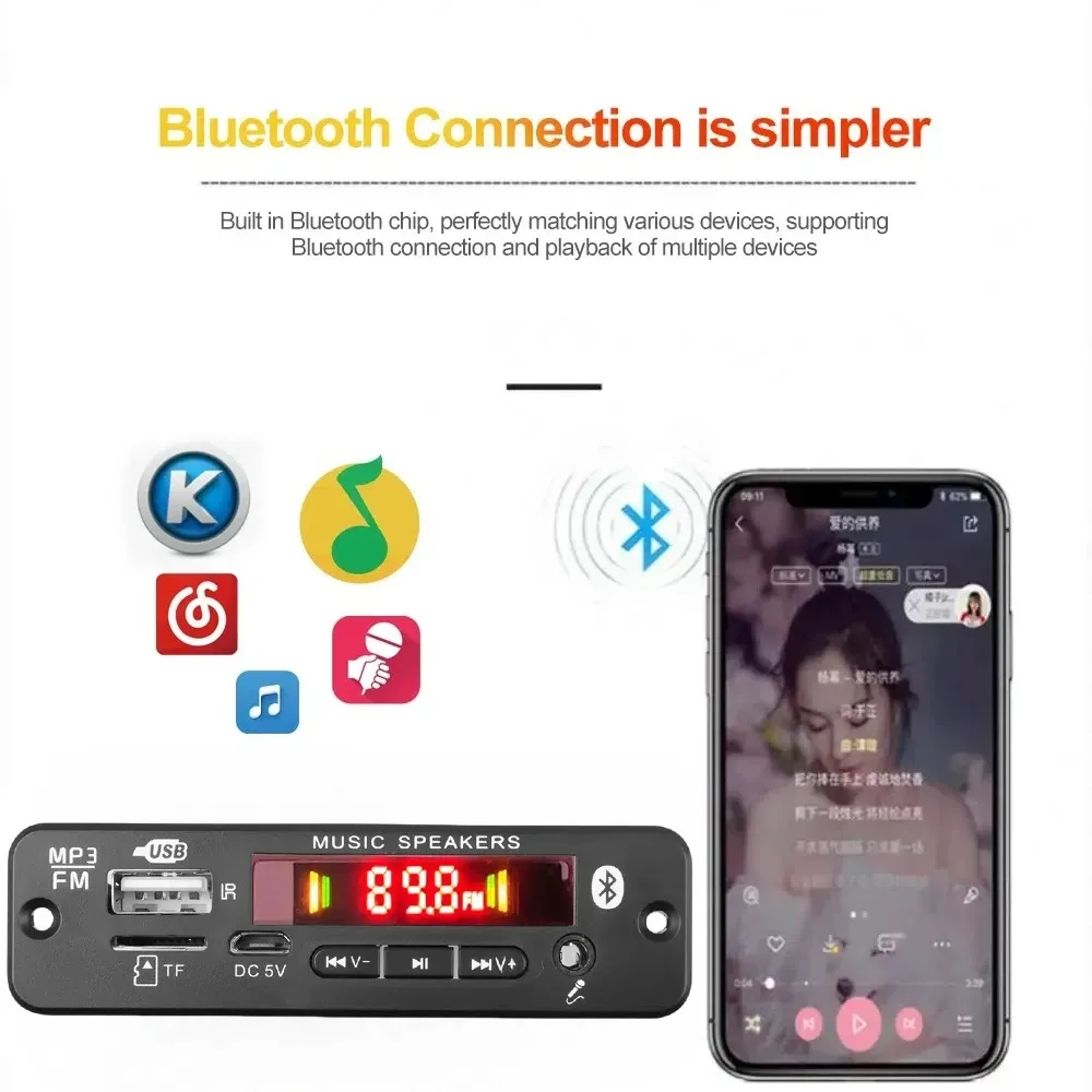 KEBIDUMEI 블루투스 5.0 MP3 디코더 보드 2*20W 40W 앰프 오디오 플레이어 12V DIY MP3 플레이어 차량용 FM 라디오 TF USB 마이크 녹음 통화 기능 ,Bluetooth 5.0 M