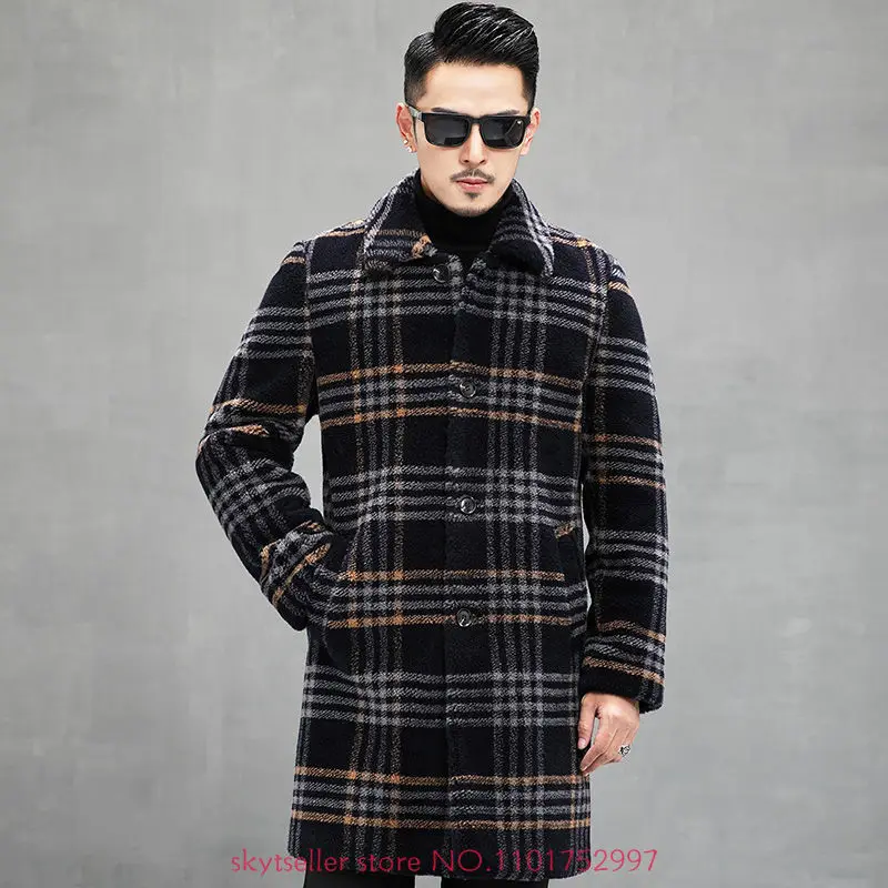 

Winter Wool Coats Men Autumn Woolen Plaid Jackets Mens Real Sheep Shearling Fur Coat Wear Both Sides Casaco Masculino A33