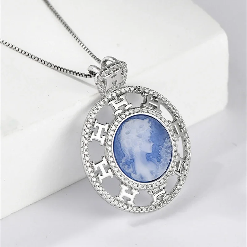 S925 sterling silver pendants for women men new fashion round blue agate beauty head sculpture classic jewelry free shipping