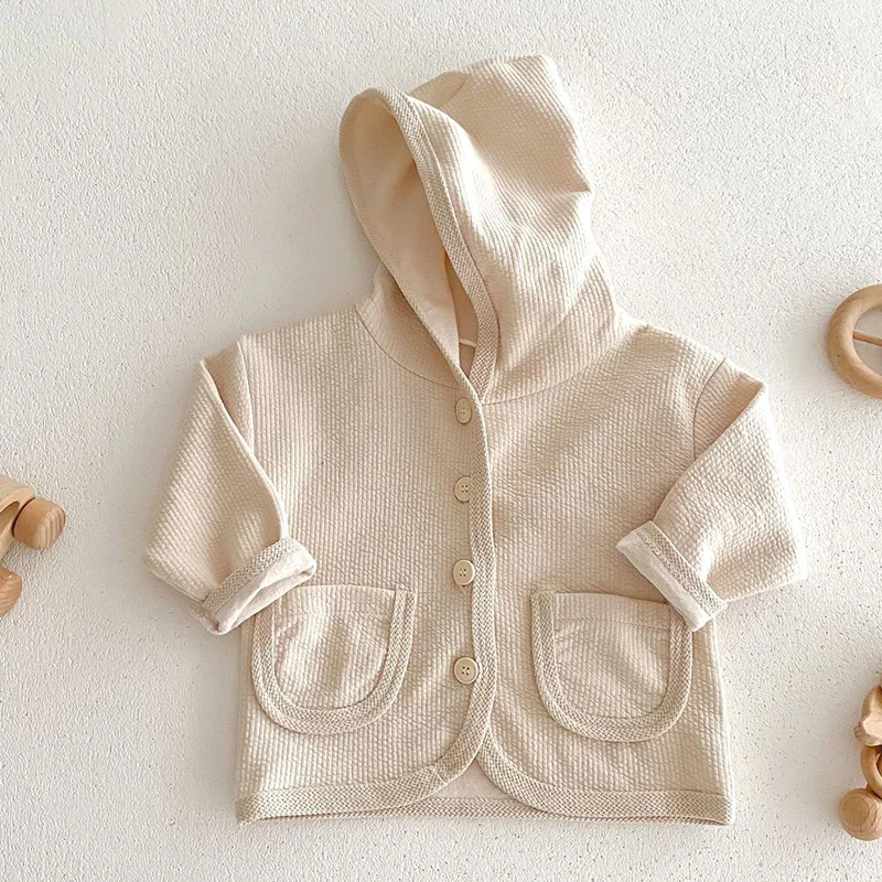 New Spring Korean Style Infant Baby Boys Girls Cardigan Long Sleeved Solid Color Hood Waffle Cotton Newborn Baby Coat
