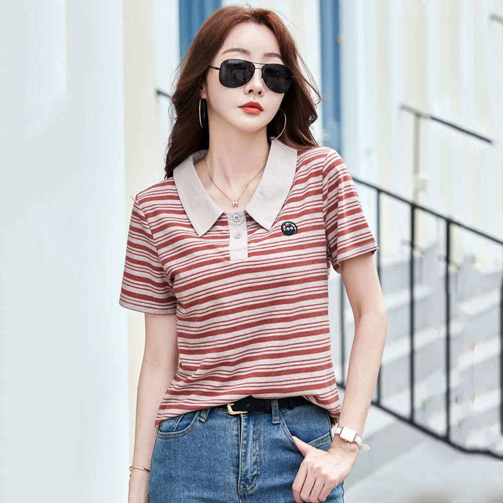 

Новые женщины лето полосатый футболка Мода Отворот Воротник Короткий Рукав Вышивка Тис Топы Повседневная свободная футболка из хлопка