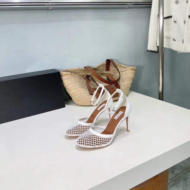 Summer New Fashionable Mesh Super High Heel Sandals Women's Round Head Sexy Thin Heel One line Buckle Sandals