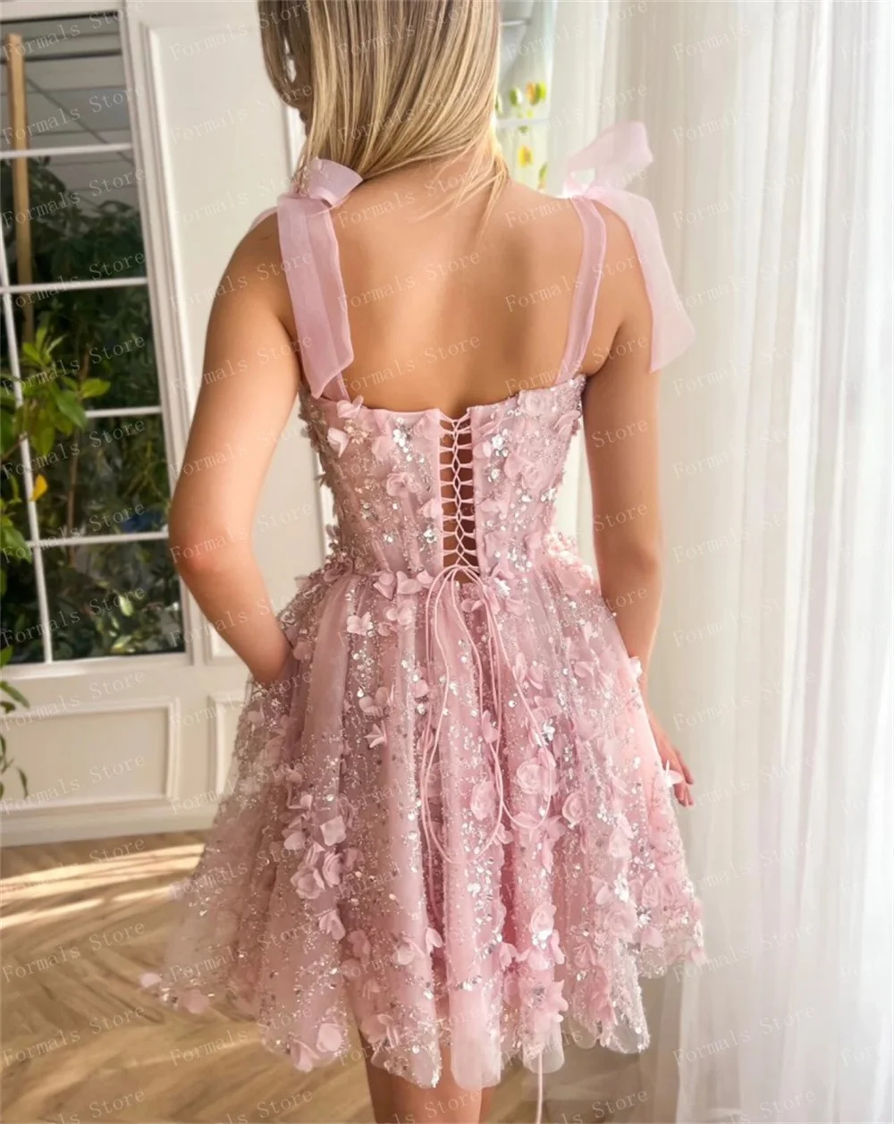 bitnabi par-lang ドレス（マシュマロピンク）new color Cathy Baby Pink 3D Flowers Prom Dresses Mesh Straps Mini