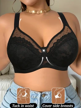 Plus Size Alluring Floral Lace Wireless Padded Full Cup Bra Women's Wear Comfortable Breathable Mesh Cups, Year-Round Wear