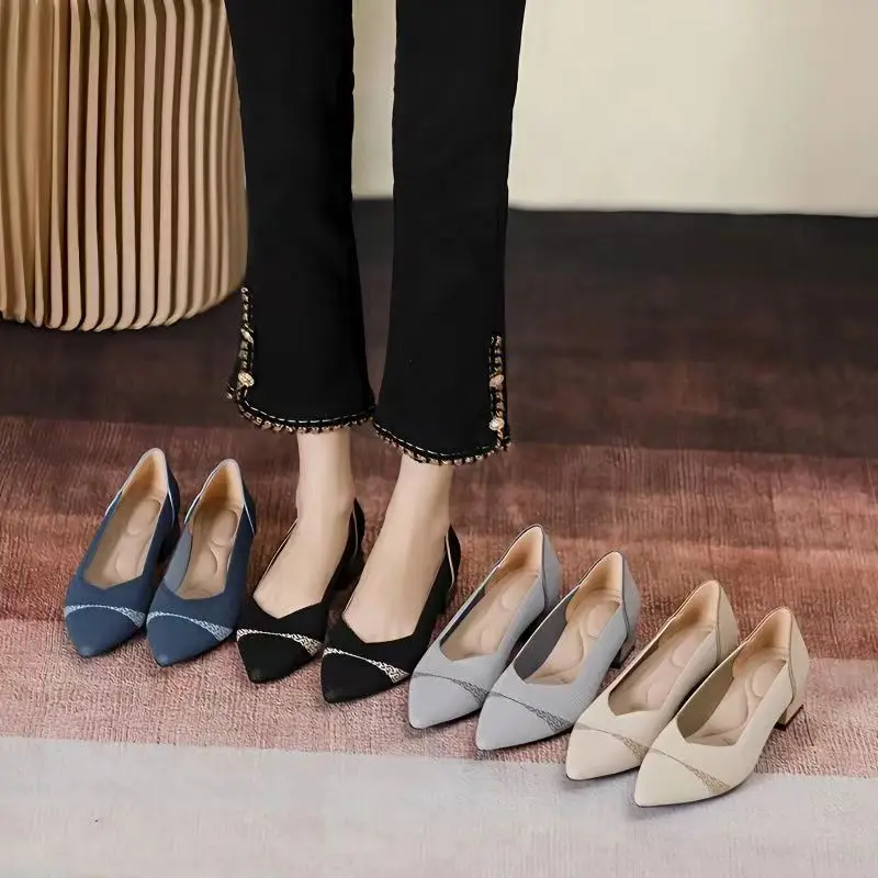 Women's High Heels 2025 New Fashion Pattern Square Head Thick Heel Knitted Comfortable and Breathable Shoes Spring and Autumn Se 6