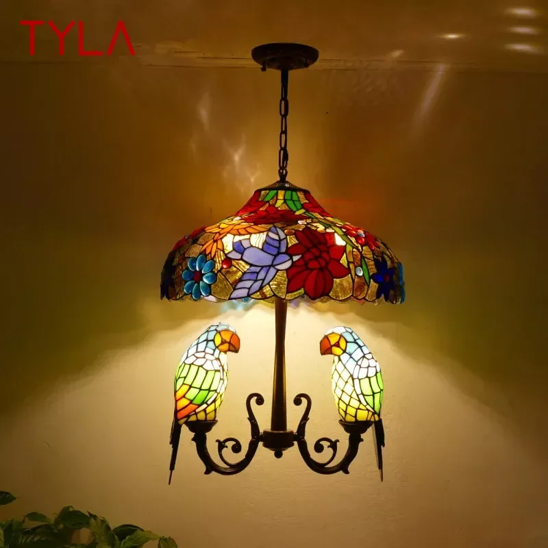 

TYLA Tiffany Parrot Chandelier Vintage Creative Color Glass Living Room restaurant Bedroom Hotel Corridor Pendant Lamp