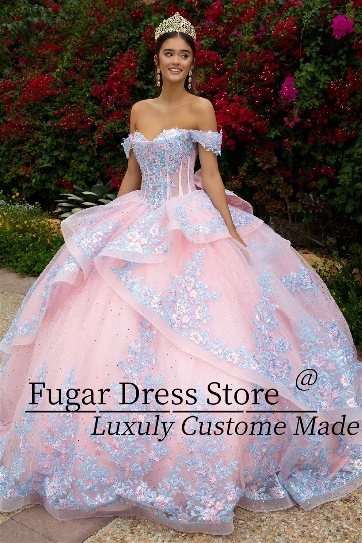 Blush Pink Quinceanera Dresses Embroidered applique long off shoulder dress A-line layered skirt