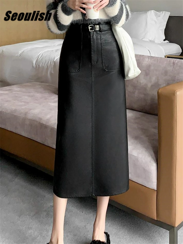 

Seoulish Black Pockets PU Leather Women's Wrap Long Skirts with Belted 2023 New Autumn Winter Vintage High Waist Skirts Female