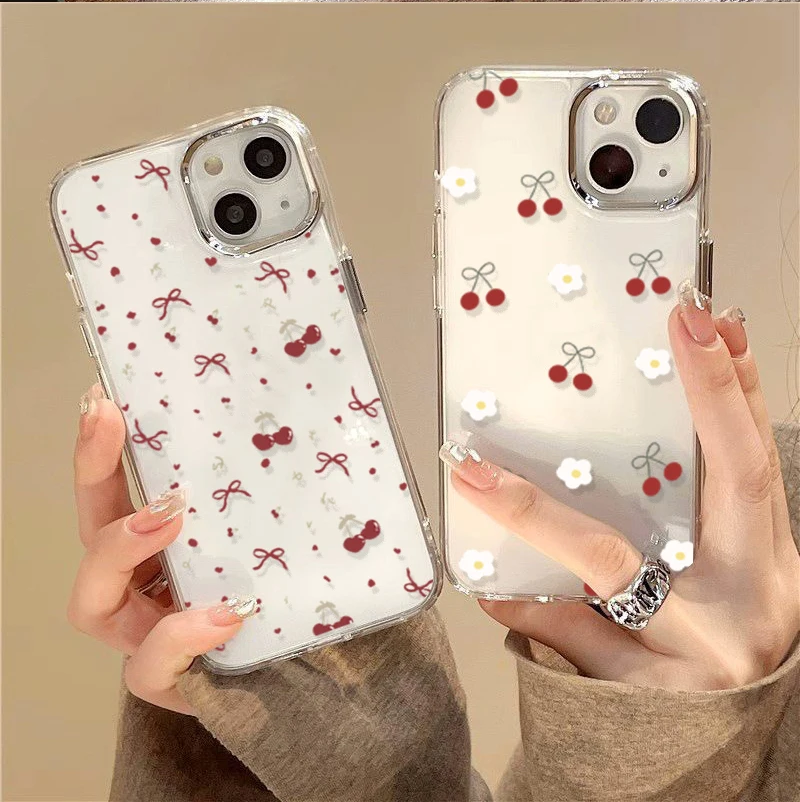 Elegant Cherry Lichee Flower Phone Case with Bow Design - Cute Plating Metal Lens, Clear and Soft