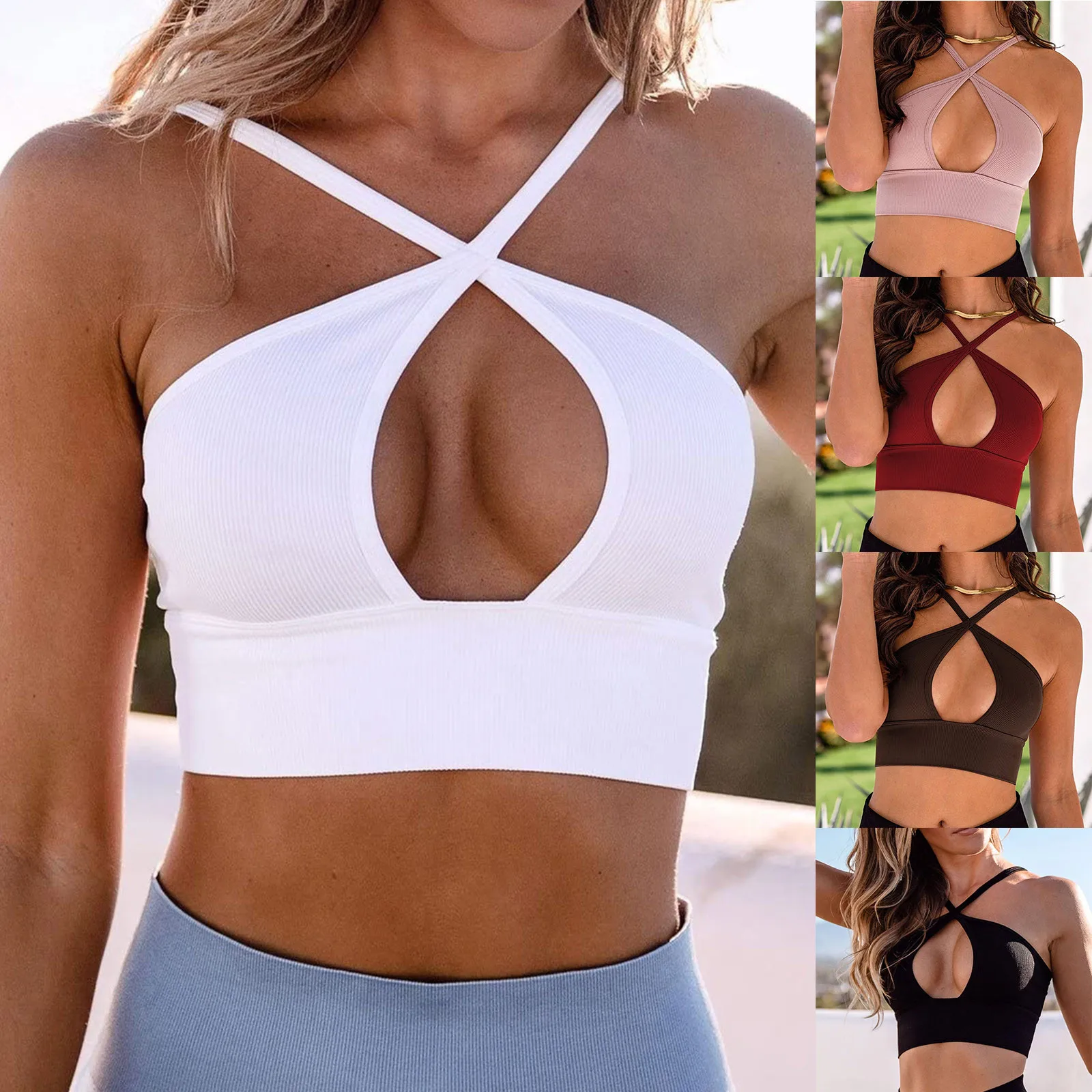 2022 Summer Women Cut Out Front Criss Cross Halter Top Neck Sleeveless  Backless Crop Top Bandage Vest Tops Sexy Woman Clothing