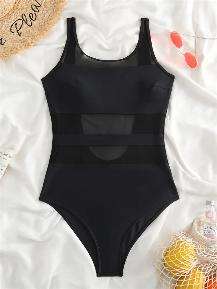 Black One-Piece Sexy Mesh Solid Colour Swimwear