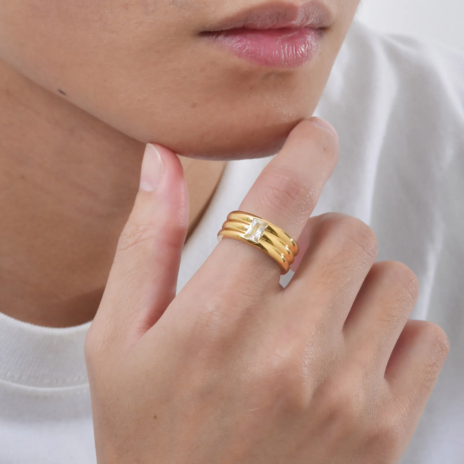 Chunky Gold Color Ring for Men Boys,Sparking White AAA CZ Stone Stainless Steel Ring,Stagement Wedding Ring to Him Her