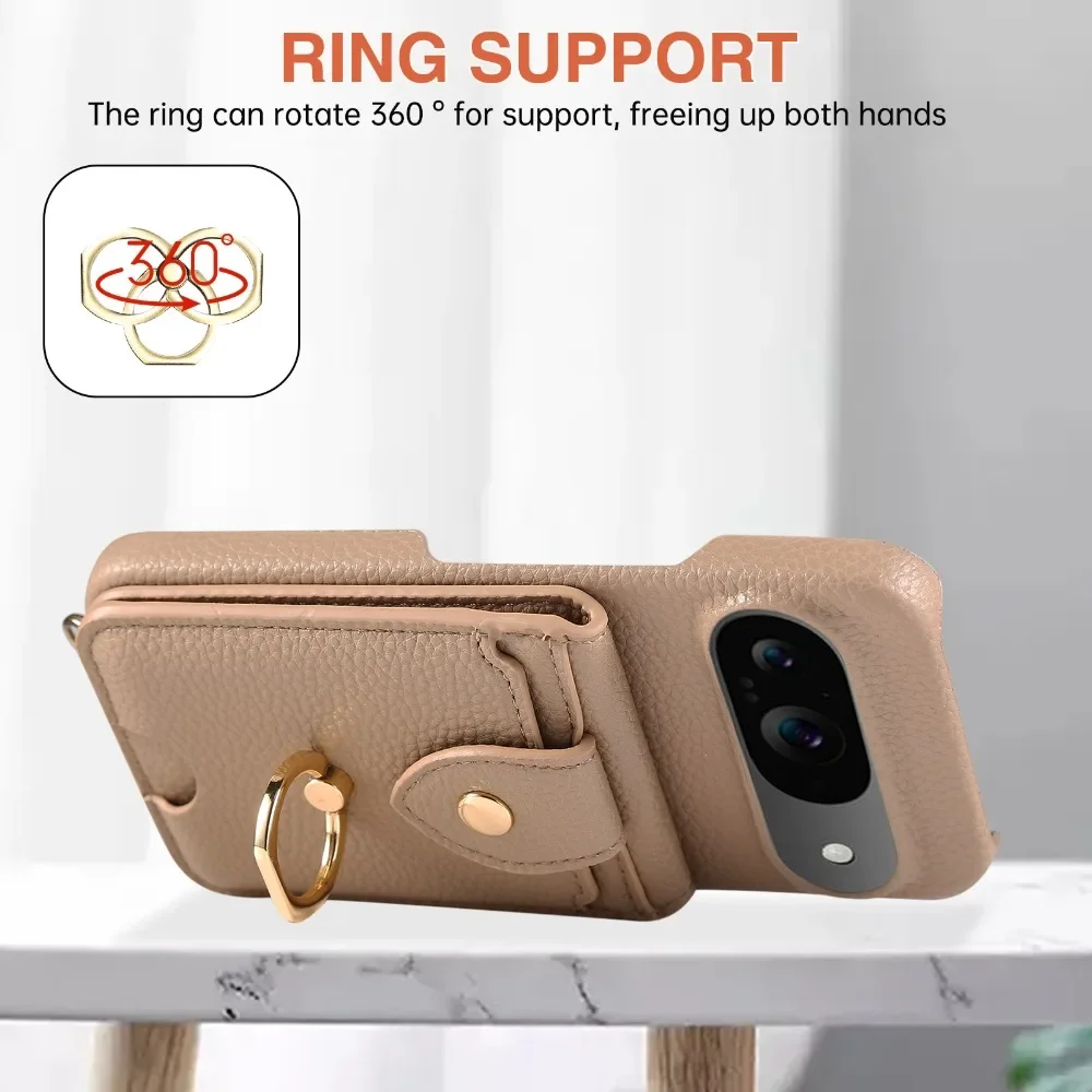 Dual-Function Leather Phone Case with Crossbody Ring and Mirror Wallet