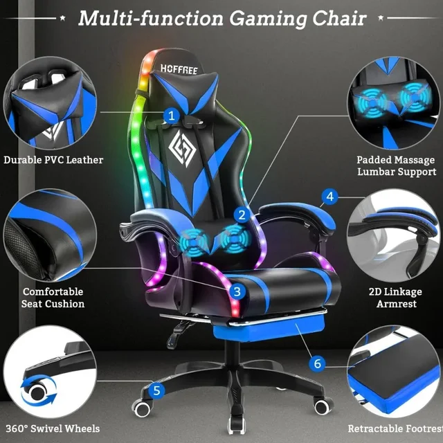 Gaming Chair with Massage and LED Lights Ergonomic Video Game Chairs with Footrest High Back Reclining Computer Chair 4