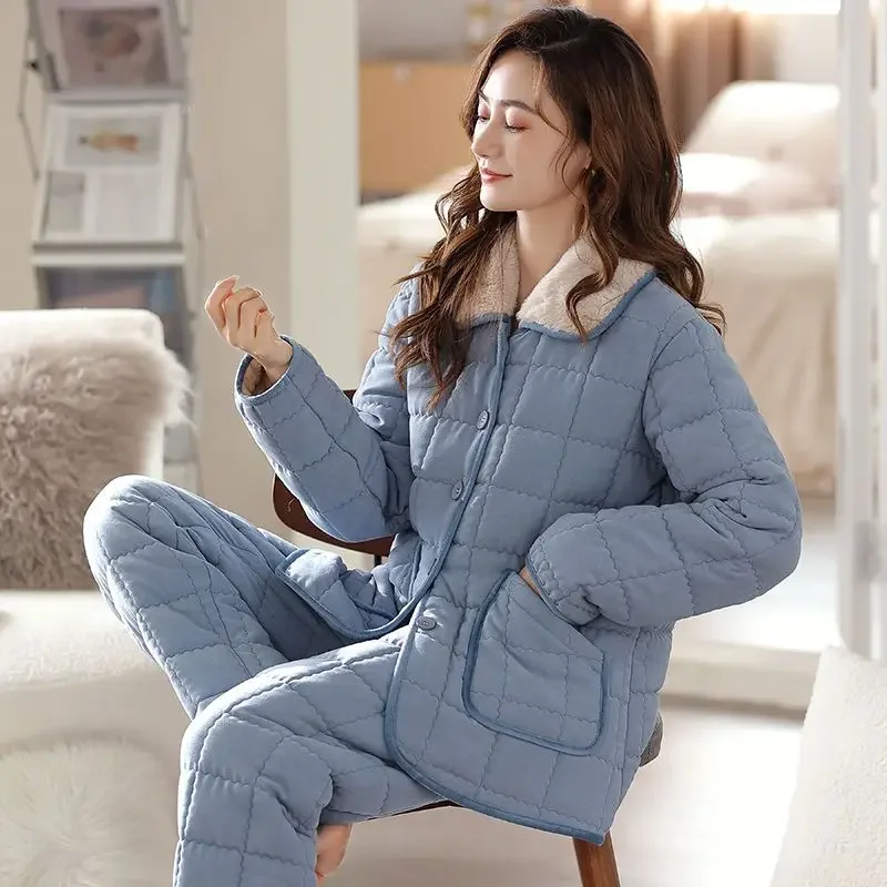 Winter New Women Pajamas Female Three-layer Cotton Loungewear Warm Plush Thickening Sleepwear Loose Solid Color Homewear Set