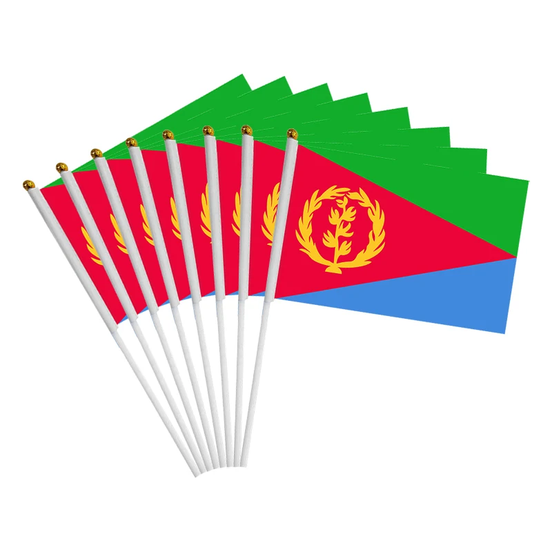 

Aerlxemrbrae 100 шт./партия, ручной флаг Эритреи 14*21 см, маленький ручной флаг с пластиковым флагом