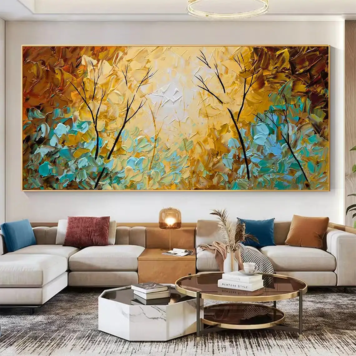 

Large Hand Painted Oil Painting On Canvas Abstract Blue Brown Forest Painting Trees Landscape Paint Bedroom Living Room Wall Art