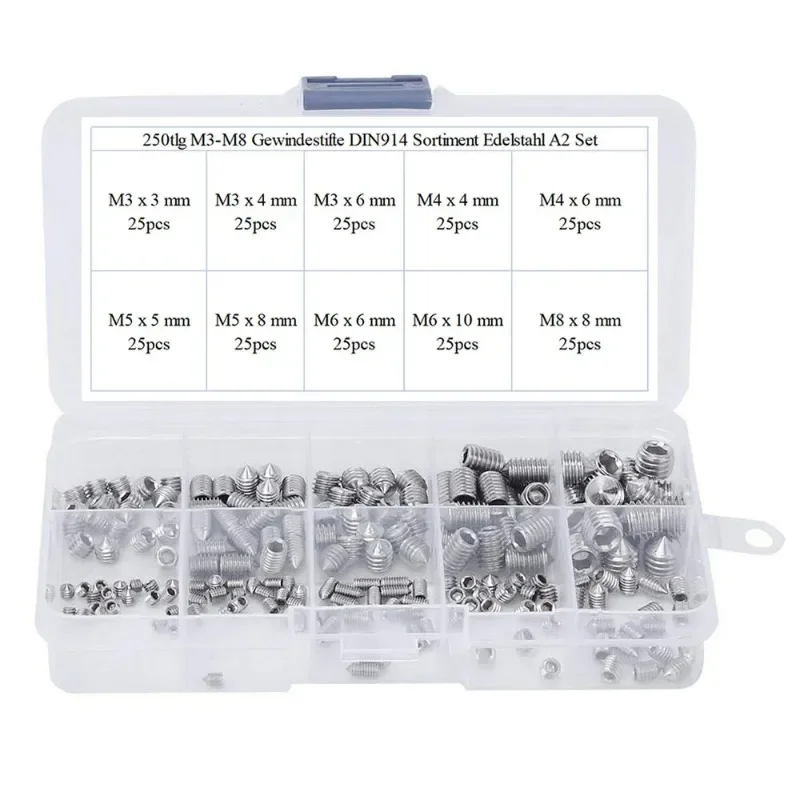 Description Picture 6 of item250PCS Socket Head Hex Set Screw Assortment Grub Screw Cup- Metric 304 Stainless Steel M3 M4 M5 M6 M8 Cup Point Grub Screw Set
