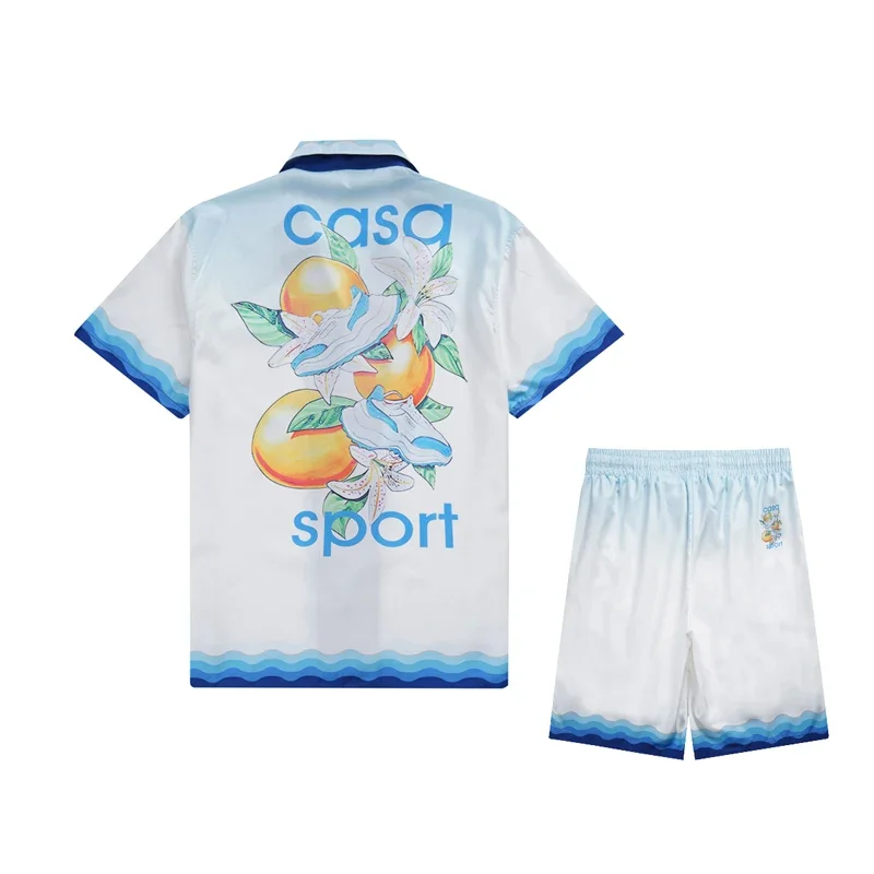 

Stripe CASA Sport Casablanca Flower Shoe Orange Print Mesh Shortpant Shirt Set Men Women High Quality Hawaii Beach Surf Suit