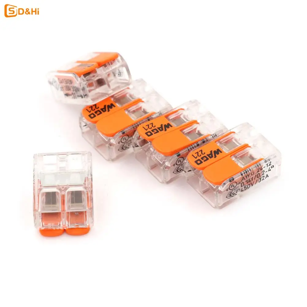 5Pcs Wago 221-412 LEVER-NUTS 2 Conductor Compact Connector 10 PK Copper Wire Junction Reusable Wire Terminal Connector