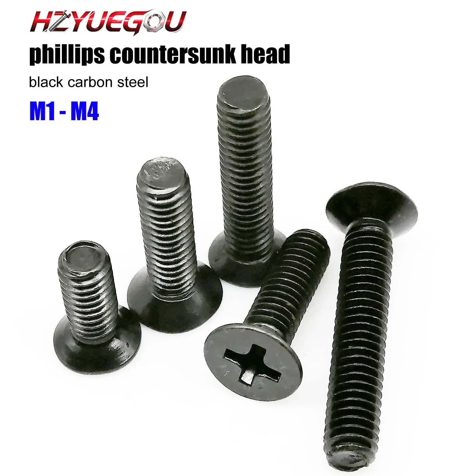 HZYUEGOU 50 Stück M1 M1.2 M1.4 M1.6 M2 M2.5 M3 M3.5 M4 Kleine Mikro-Schrauben aus schwarzem Stahl mit Kreuzschlitz, Flachkopf und Senkkopf