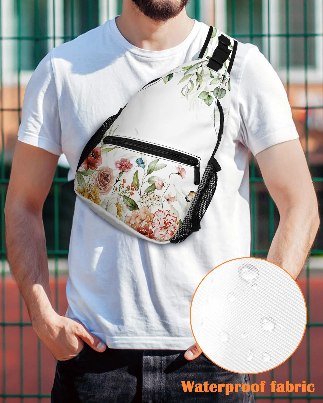 

Spring Flower Rose Leaf Watercolor Chest Bag for Men Women Casual Crossbody Bag Outdoor Travel Climb Waterproof Sling Bag