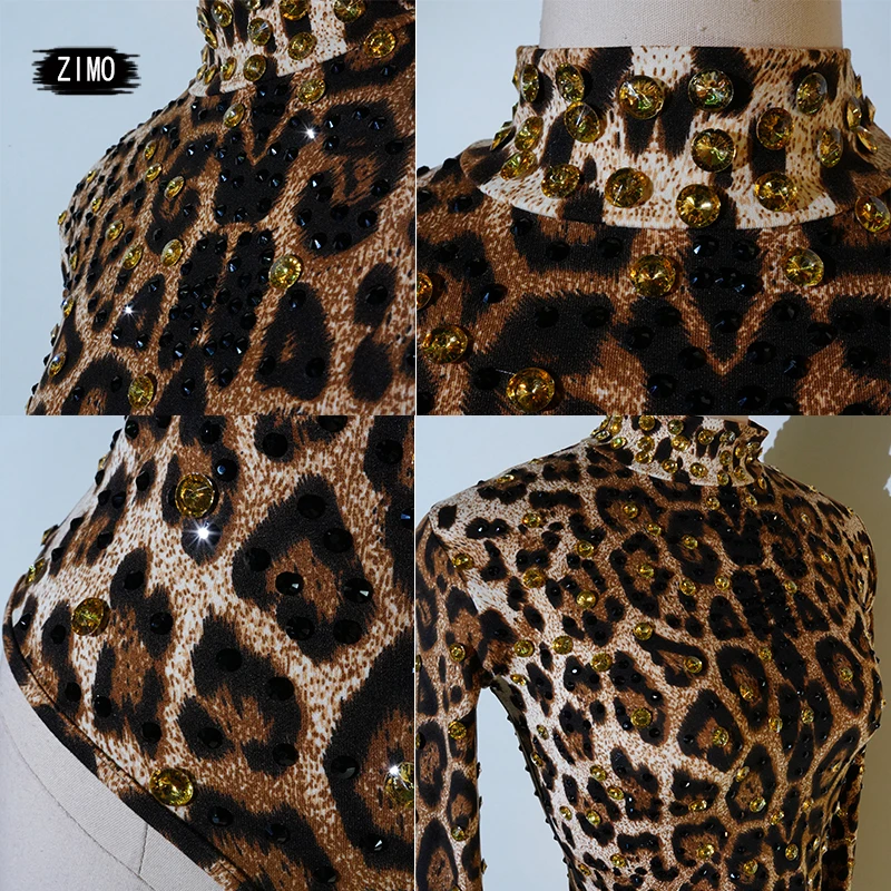 rhinestones bodysuit Sexy Leopard Print Rompers For Women High Collar One Piece Bodycon Female performance pole dance clothing