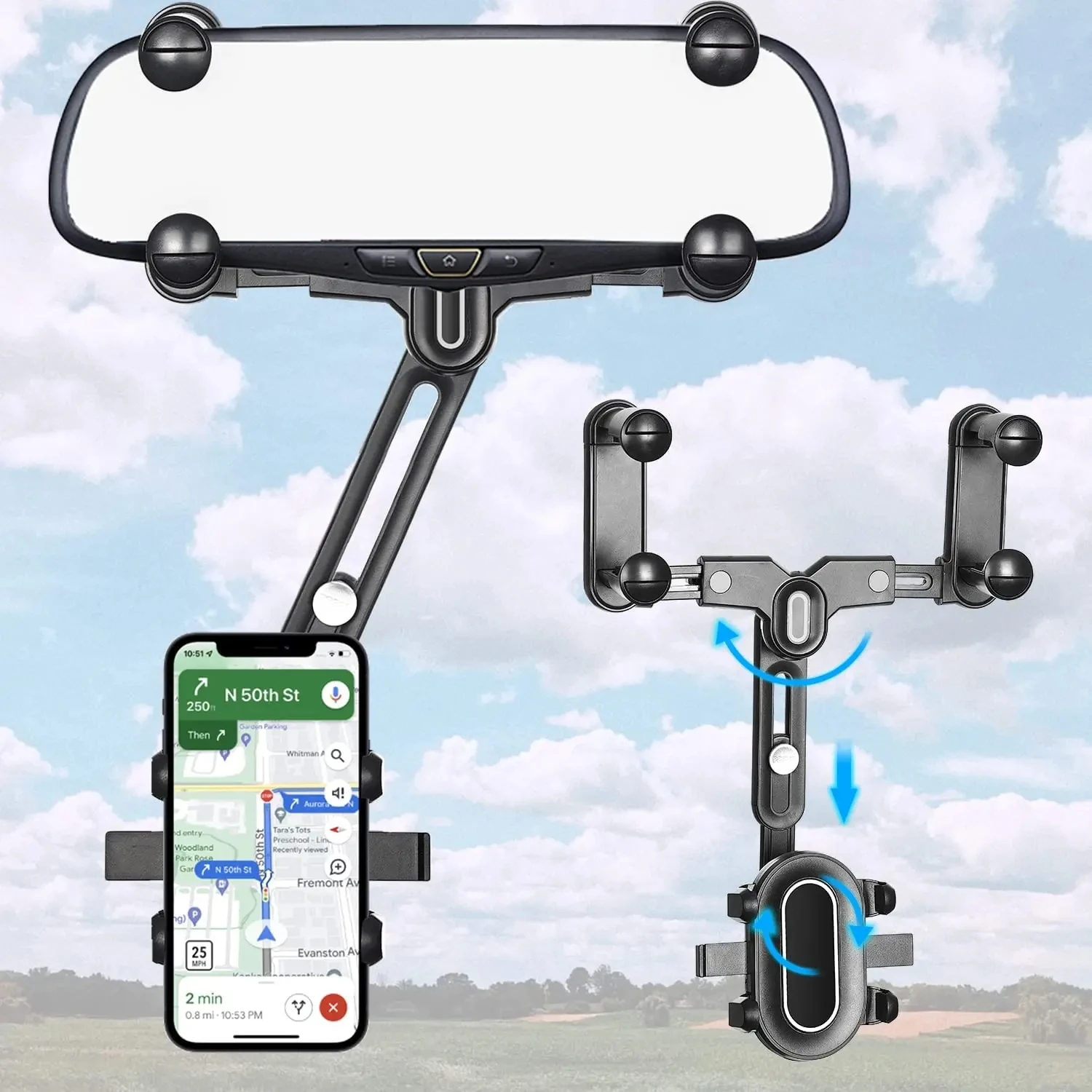 Soporte de teléfono con espejo retrovisor para coche, soporte de teléfono y Gps giratorio Universal, telescópico ajustable de 360 °, dispositivo de teléfono para coche soporte mobil para coche soporte coche movil