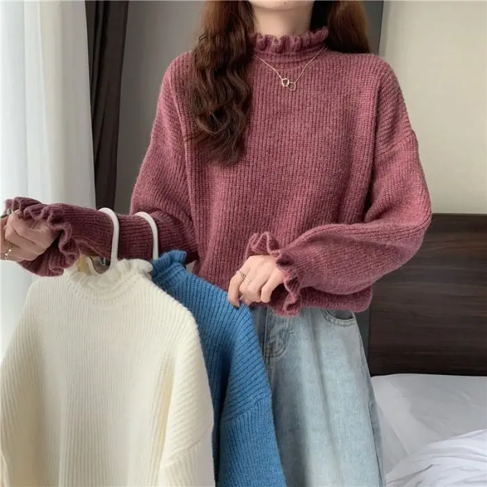 

Autumn and Winter 2023 New Collar Wooden Ear Edge Fashion Half High Collar Senior Round Neck Sweater Knit