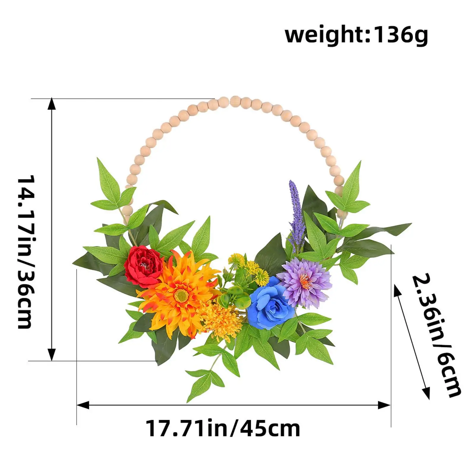 Artificial Flowers Wreath Hotel Front Door Wreath with Wooden Beads Spring Wreath for Thanksgiving Home Party Fireplace Festival